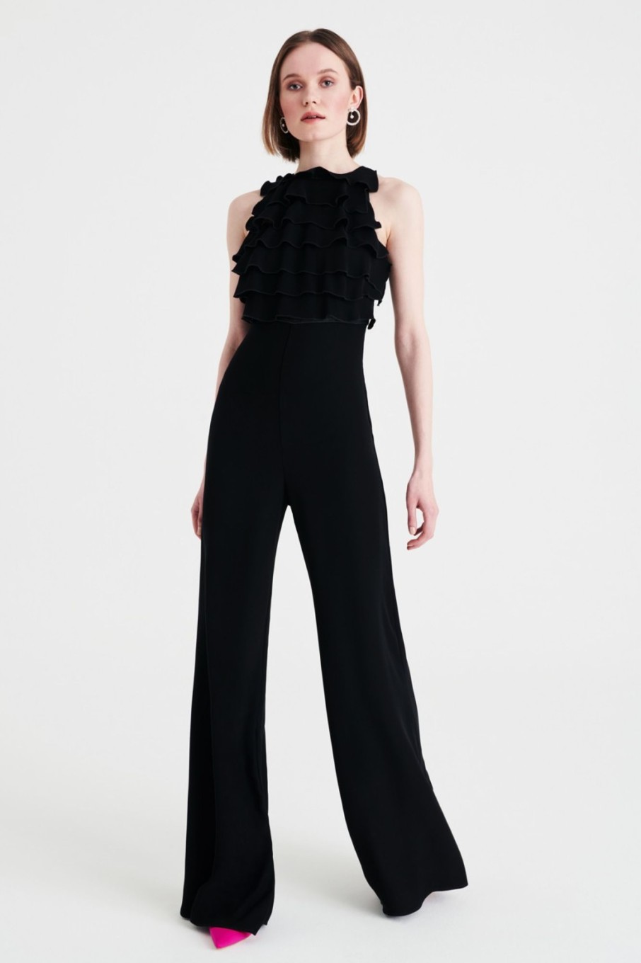 Abbigliamento Kathy Heyndels | Jumpsuit Nera In Crepes Con Rouches